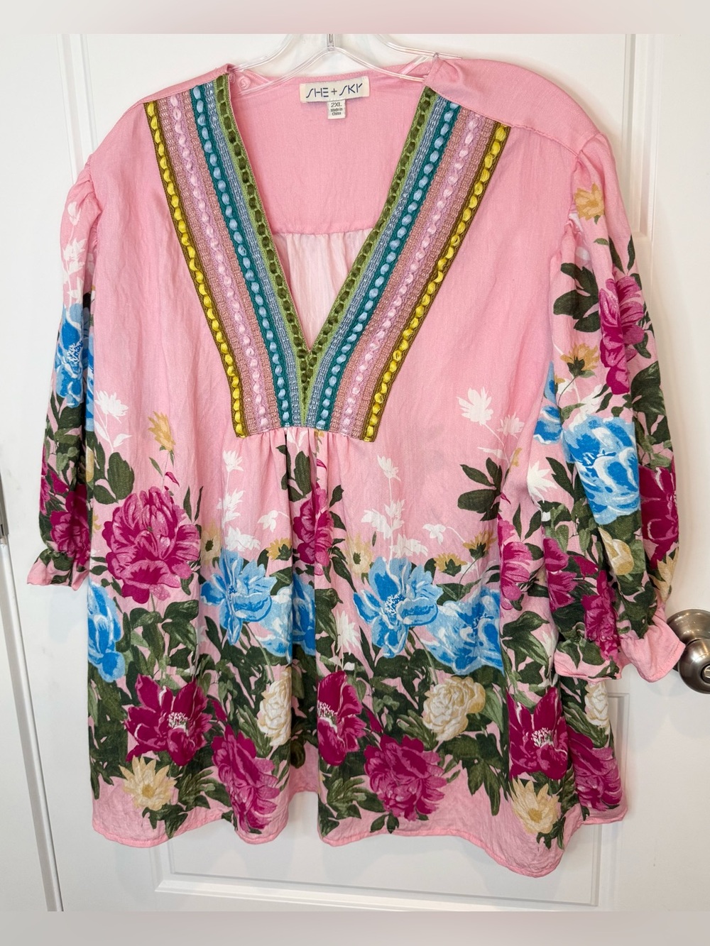 She + Sky Woman’s 2xl Floral Embroidered Peasant Top Shirt Bohemian Flowy Pink